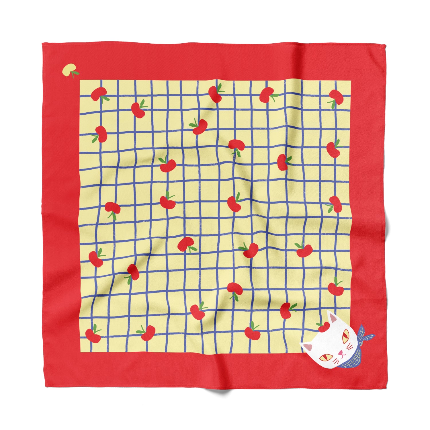 Apples Kitty Cat Cotton Silk Bandana with checkers fun grid in blue, made on cotton silk blend